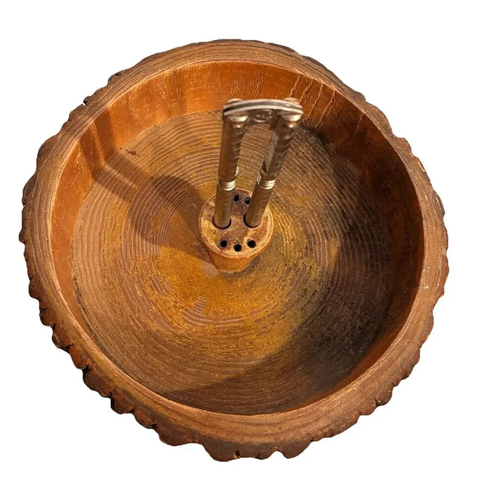 Vintage Live Edge Wood Nut Bowl With Metal Cracker With Built In Tool Holder 9”